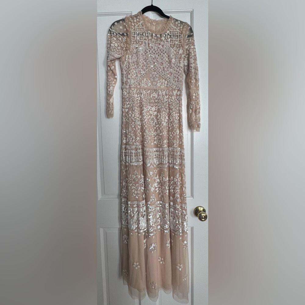 Needle & Thread Beige Sequin Long Sleeve Dress -Aurora Gown
